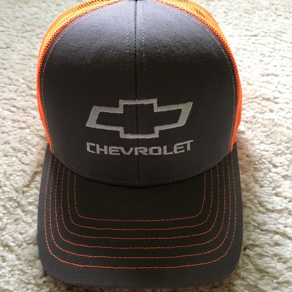 GM Chevrolet Chevy Neon Orange + Gray Snap Back Trucker Outdoor Cap Hat NWT
